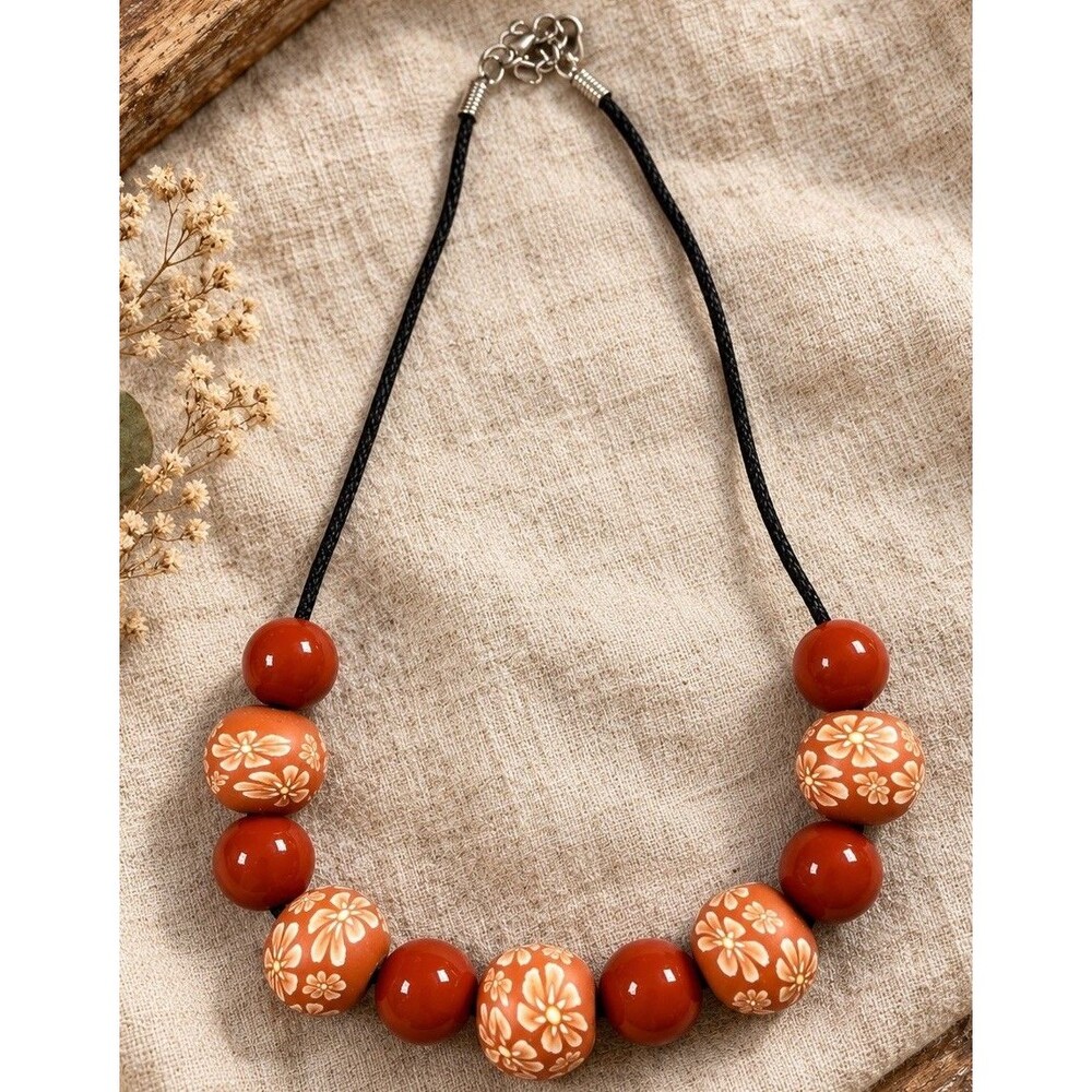 Vintage 1990 Orange Floral Beaded Necklace Black Cord Chunky Boho Statement